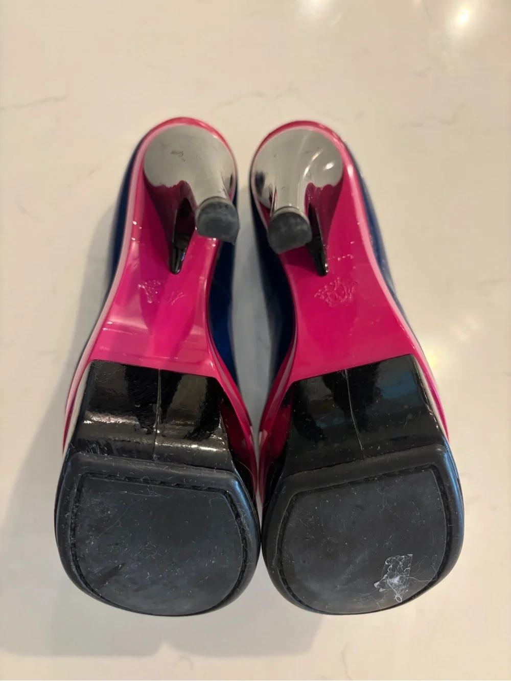 Versace Black, Pink & Blue Triple Platform Peeptoe Heels 35 U.S. 5